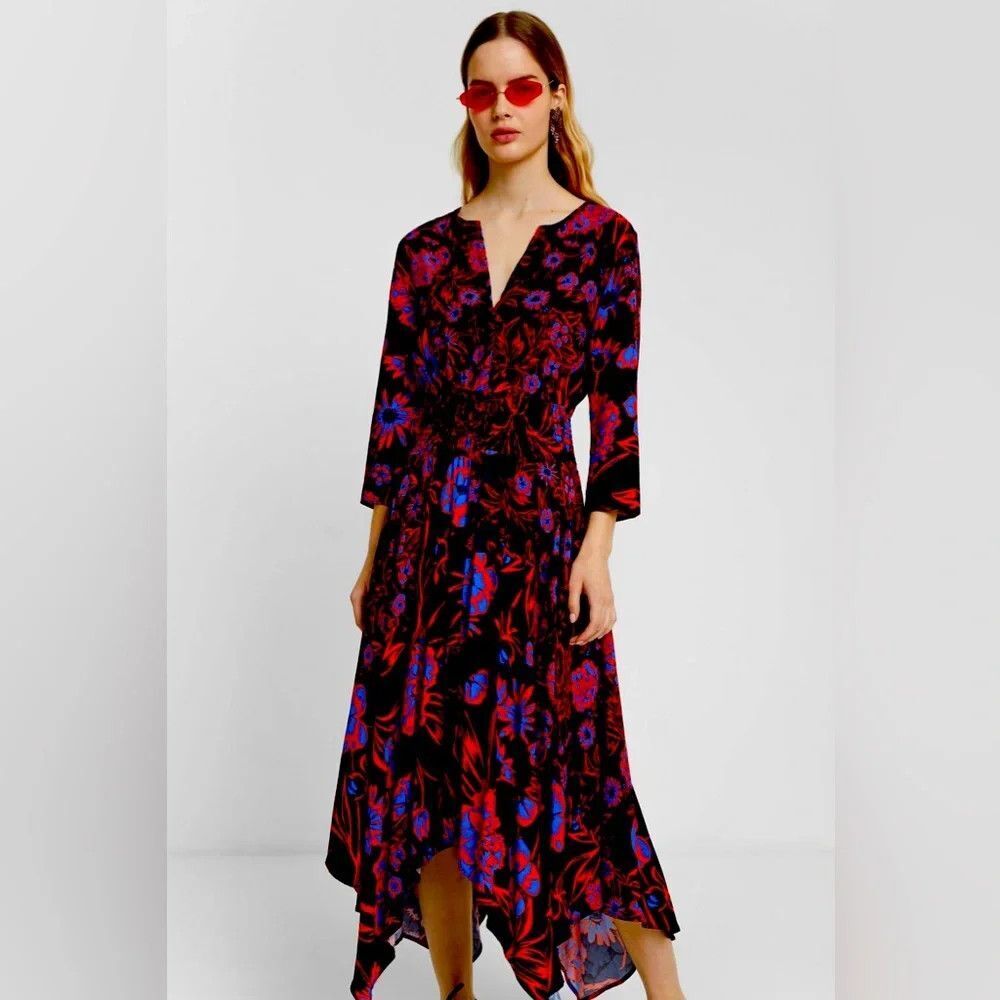 Desigual Dress 46 US 14 / 16 Multicolor Floral V Neck 3/4 Sleeve Wrap Asymmetric